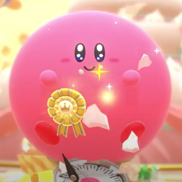 An image from the release trailer for Kirby's Dream Buffet, showing a very large and chubby Kirby being weighed, moments before the scale breaks.