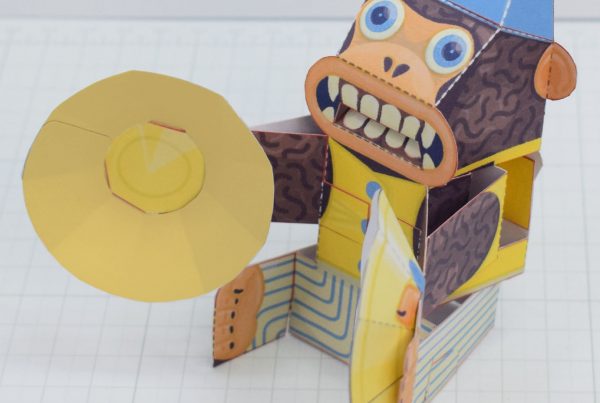 A photo of the Manic Monkey Paper toy automata from the top