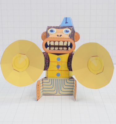 A photo of the Manic Monkey Paper toy automata from the front.