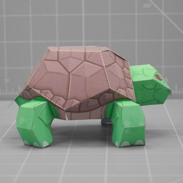 A photo of a papercraft tortoise with green skin and a brown shell