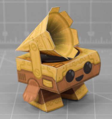A photo of a papercraft depicting a vintage robotic gramophone, with stubby arms and legs and a cute little face